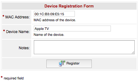 Device Registration Form with MAC address and Apple TV as name of device
