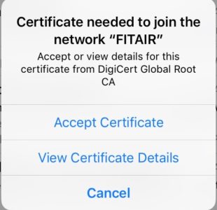 iOS FITAIR Certificate Pop-up