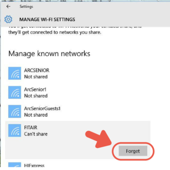 Arrow pointing at Forget button on Windows 10 Arrow pointing at Forget button on Windows 10