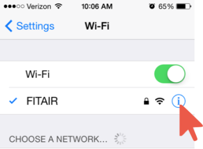 Arrow Pointed at Info Icon Next to FITAIR Network