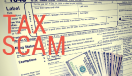 IRS form and Hand holding money overlaid with Tax Scam text