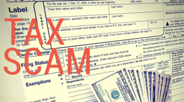 IRS form and Hand holding money overlaid with Tax Scam text