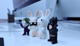 Desk with Mac and Rabbit, Joker and Batman Toys