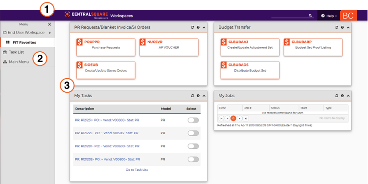 Finance Enterprise Workspaces page with navigation points numbered 1,2 and 3.