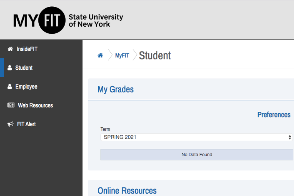 Close-up of MyFIT side panel showing Student Page selected