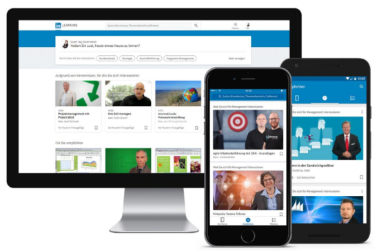 Computer and mobile devices with LinkedIn Learning videos displayed