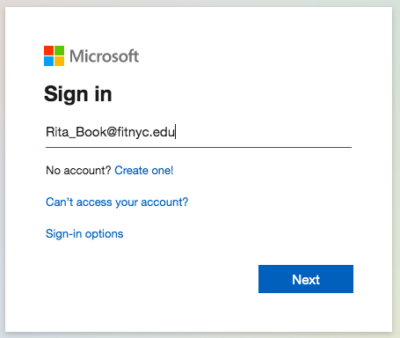Microsoft Sign in Screen with Rita Book email address entered