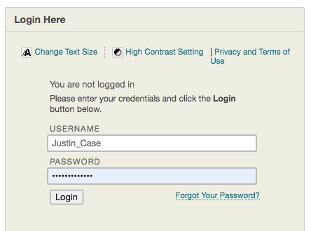 Blackboard login page with user Justin Case credentials