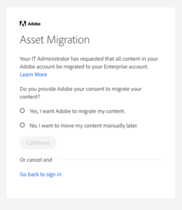 Adobe Asset Migration window