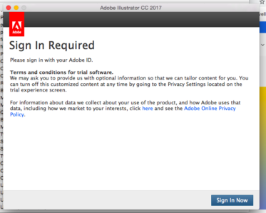 Sign in Required to access Adobe applications window
