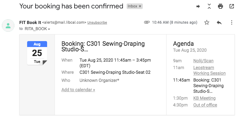 FIT Book It Email Confirmation with Add to Calendar details