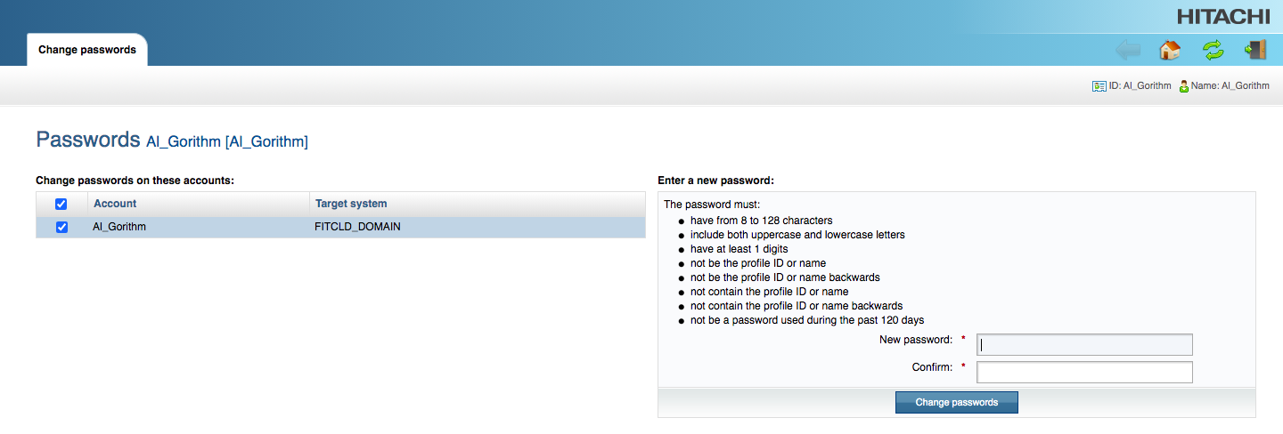 Hitachi ID Identity and Access Management Suite Change Password Screen