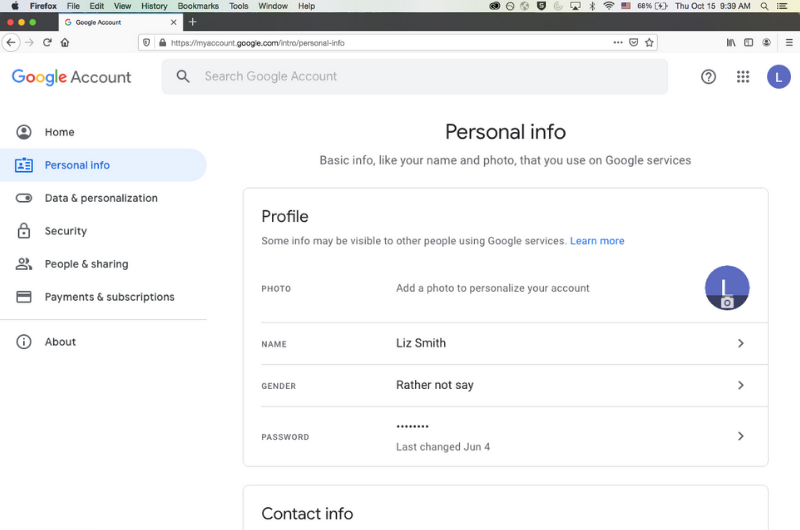 Google Account Personal info page