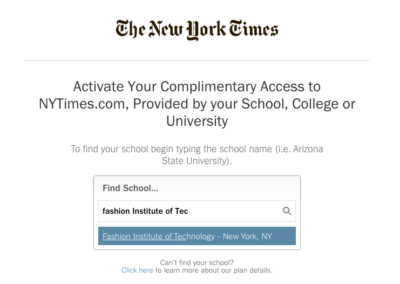 NY Times Find School for Complimentary access