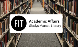 FIT Library Logo with Stacks Background FIT Library Logo with photo of the library bookcases in theBackground