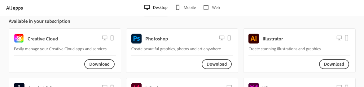 Adobe CC All Apps Download page