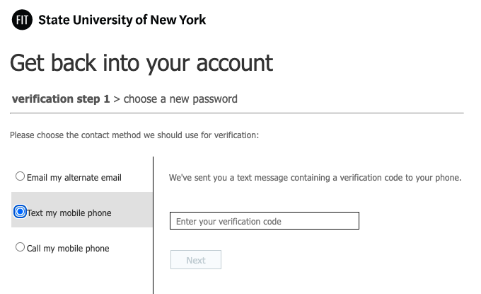 Azure enter verification code "Text my mobile phone" option
