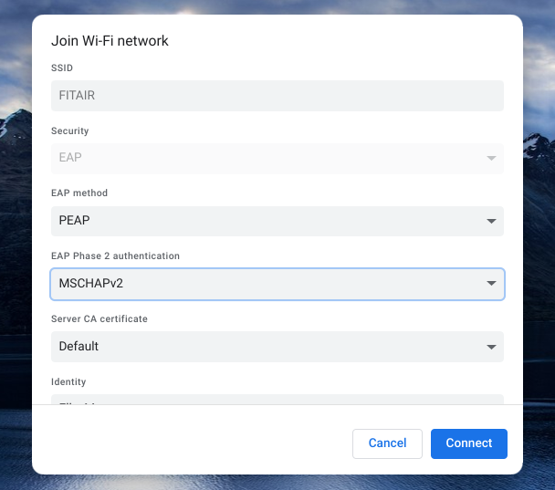 Chromebook Join Wi-Fi network FITAIR EAP settings