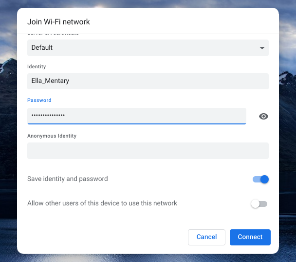 Chromebook Join Wi-Fi network Identity and Password