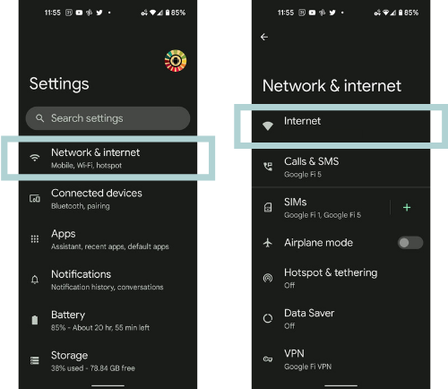 Android Settings then Network and internet