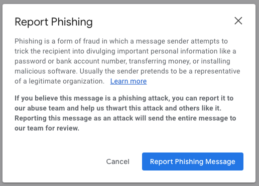 Gmail Report Phishing window