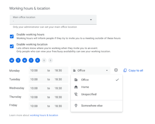 Google Working hours and location