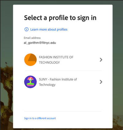 Adobe Select a profile to sign in screen