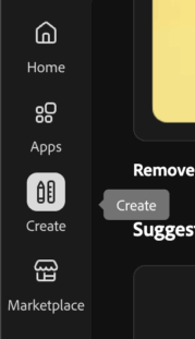 Adober Create Icon Adobe home page with the Create icon selected