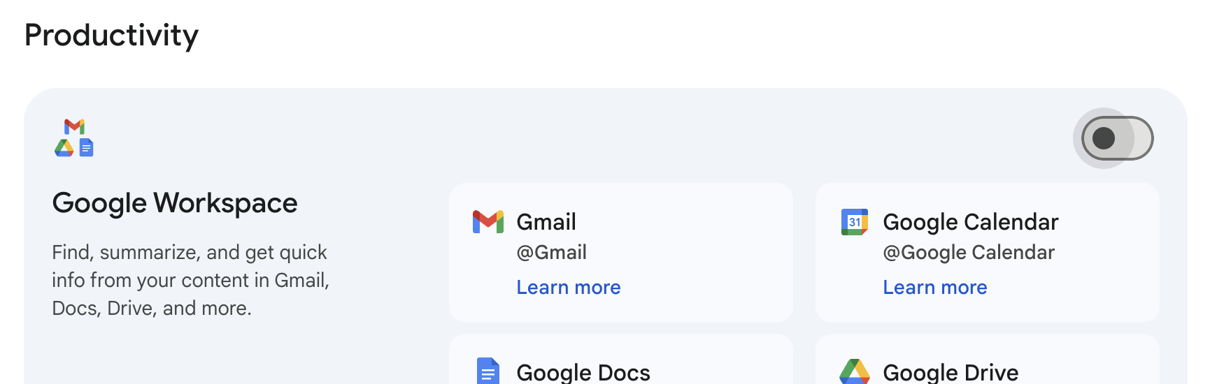 Gemini Productivity Google Workspace toggled off
