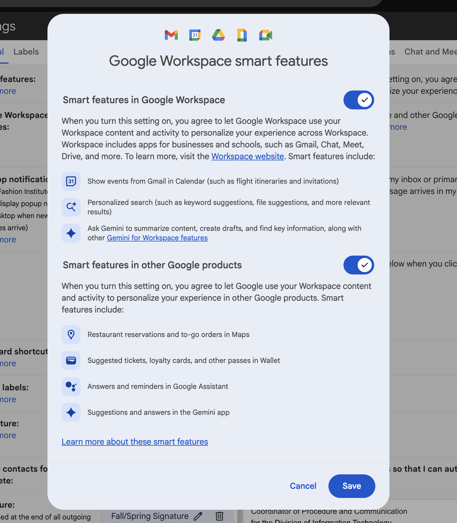 Google Workspace smart features toggled on