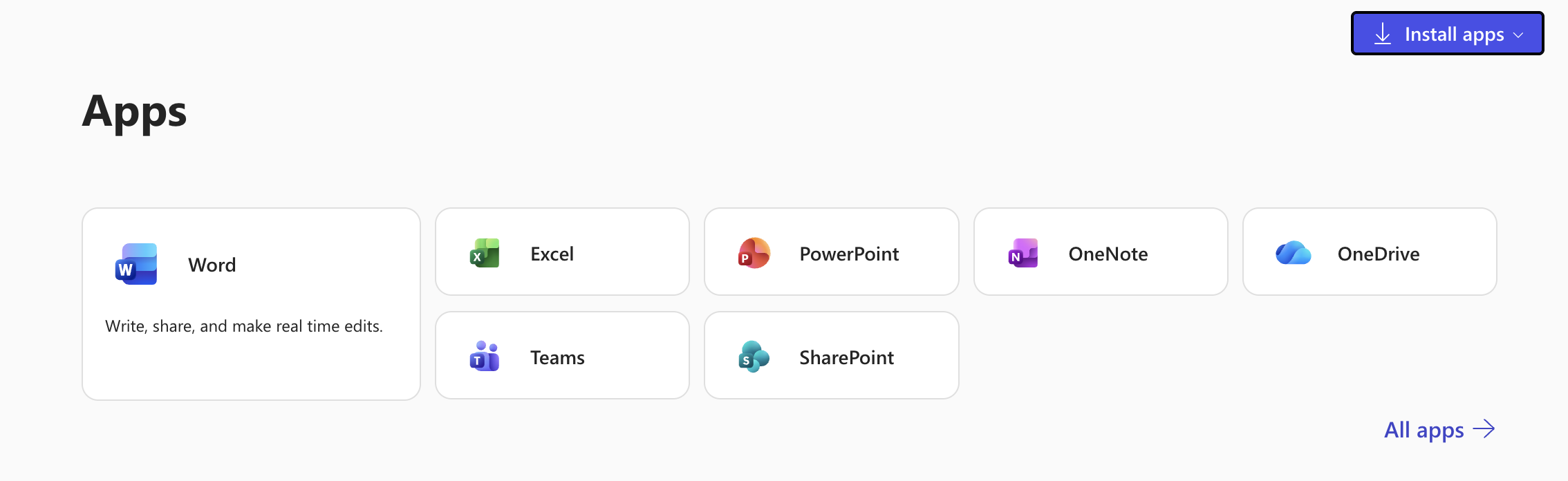 M365 Apps screen with Install Apps button in top right corner