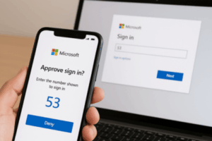 Person holding a cellphone with MS Authenticator App on screen with a laptop showing the authentication