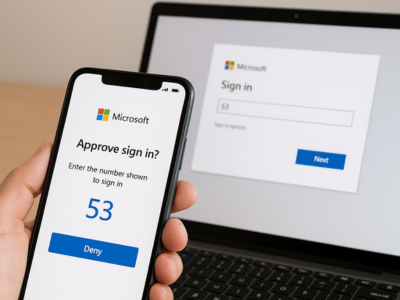 Person holding a cellphone with MS Authenticator App on screen with a laptop showing the authentication
